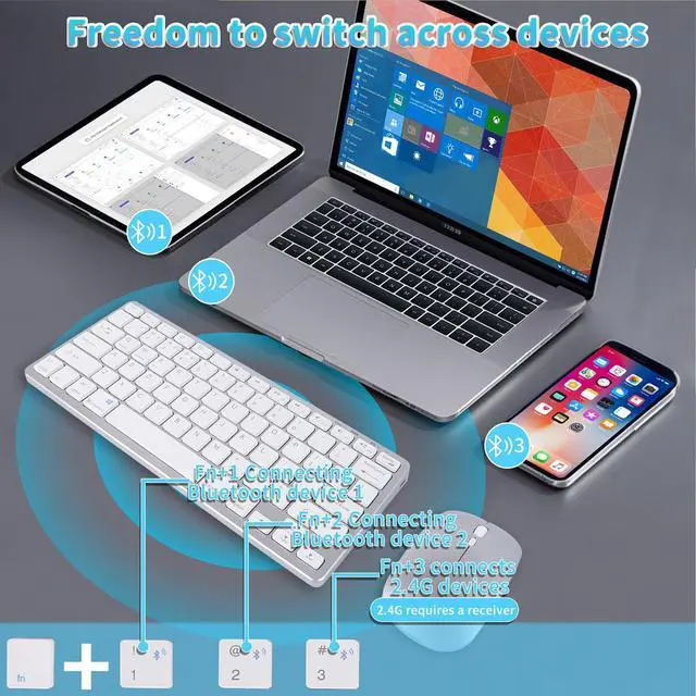 Alt view image 5 of 5 - Wireless Bluetooth Keyboard and Mouse Combo  Rechargeable, Quiet Operation, 3-Device Switching  Perfect for Home Office, Gaming, and Travel,Compatible with Windows, Mac, Android (Silver)