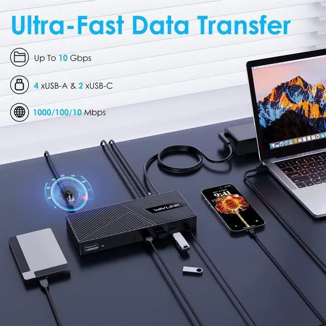 Alt view image 5 of 5 - WAVLINK USB C Triple Monitor Docking Station 13-in-1 Displaylink Dock with 100W Charging for Mac, Windows, Chrome, 3 HDMI+2DP, Gigabit Ethernet, USB-C, 4 USB-A 10Gbps, Audio, Driver Required