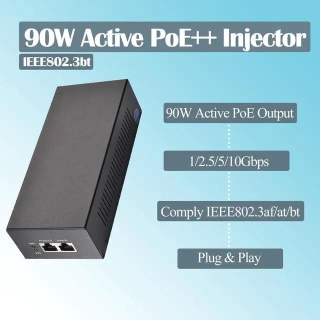 Alt view image 2 of 5 - REVODATA 10G 90W PoE Injector, Convert Non-PoE to PoE++ Adapter, IEEE802.3af/at/bt Standard, 1/2.5/5/10Gbps Network via RJ45, Up to 100M Distance, Plug&Play (PSE90BT-10G)
