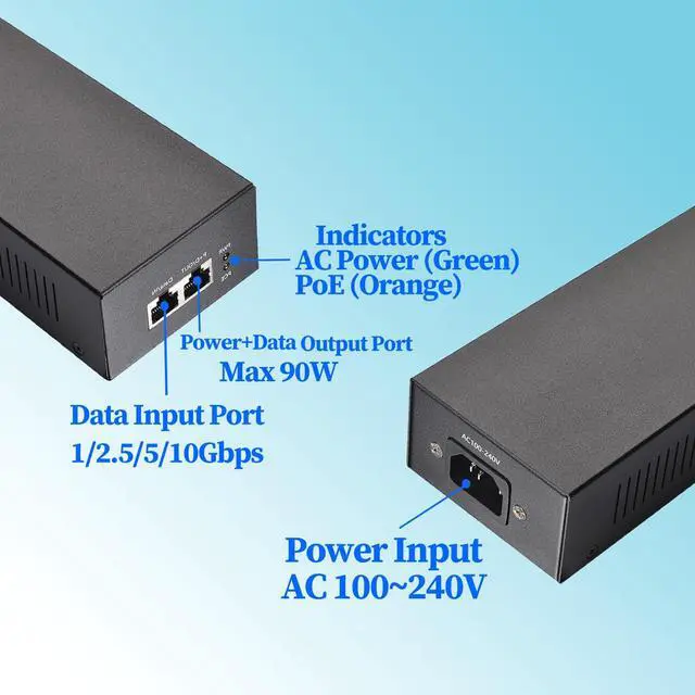 Alt view image 4 of 5 - REVODATA 10G 90W PoE Injector, Convert Non-PoE to PoE++ Adapter, IEEE802.3af/at/bt Standard, 1/2.5/5/10Gbps Network via RJ45, Up to 100M Distance, Plug&Play (PSE90BT-10G)