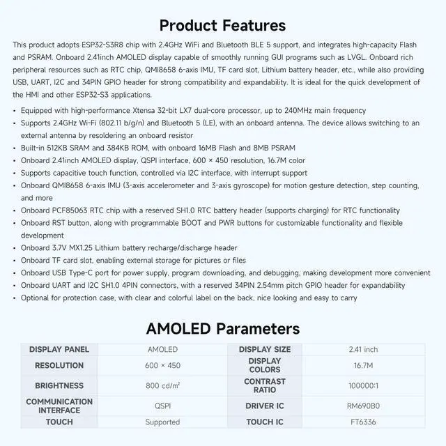 Alt view image 4 of 5 - Waveshare ESP32-S3 2.41inch AMOLED Touch Display Development Board, 600×450, 32-bit LX7 Dual-core Processor, Onboard Accelerometer and Gyroscope Sensor, ESP32 with Display, Without Case