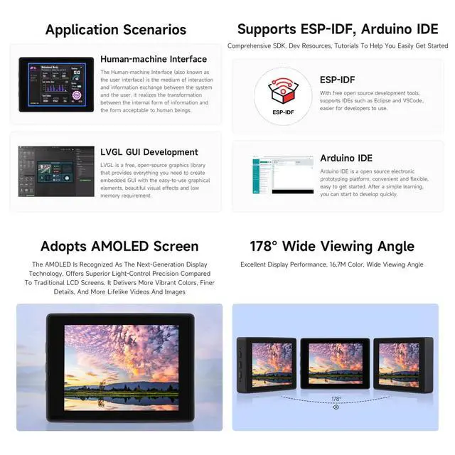 Alt view image 5 of 5 - Waveshare ESP32-S3 2.41inch AMOLED Touch Display Development Board, 600×450, 32-bit LX7 Dual-core Processor, Onboard Accelerometer and Gyroscope Sensor, ESP32 with Display, Without Case