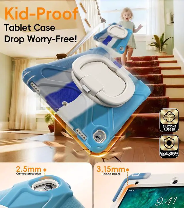 Alt view image 5 of 5 - BATYUE 10.5 inch Case for ipad Air 3rd Generation 2019 / ipad pro 10.5 2017; Rugged Heavy Duty Protective Cover with Pencil Holder, 360° Swivel Stand, Shoulder Strap; for Kids (Colourful Blue)