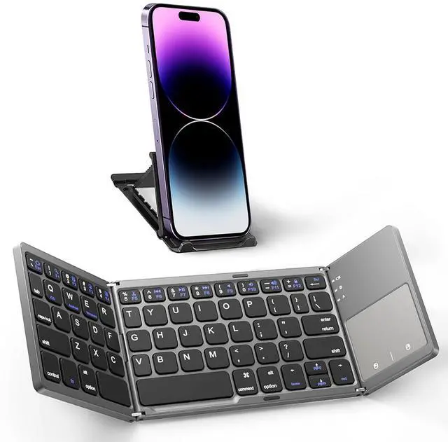 Main image of KUNSI Foldable Bluetooth Keyboard with Touchpad, Portable Wireless Keyboard with USB-C Rechargeable, Pocket Size Slim Folding with Phone Holder for iPads Tablets Laptop-Dark Gray