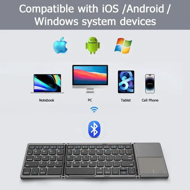 Alt view image 2 of 5 - KUNSI Foldable Bluetooth Keyboard with Touchpad, Portable Wireless Keyboard with USB-C Rechargeable, Pocket Size Slim Folding with Phone Holder for iPads Tablets Laptop-Dark Gray