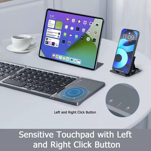 Alt view image 3 of 5 - KUNSI Foldable Bluetooth Keyboard with Touchpad, Portable Wireless Keyboard with USB-C Rechargeable, Pocket Size Slim Folding with Phone Holder for iPads Tablets Laptop-Dark Gray