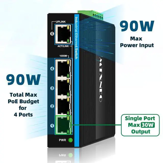 Alt view image 2 of 5 - Poe Extender Industrial 4 Port Gigabit Ethernet with 90W PoE Input IEEE802.3af/at/bt PoE Output Repeater, 1 in 4 Out POE Booster for CCTV Camera, VOIP
