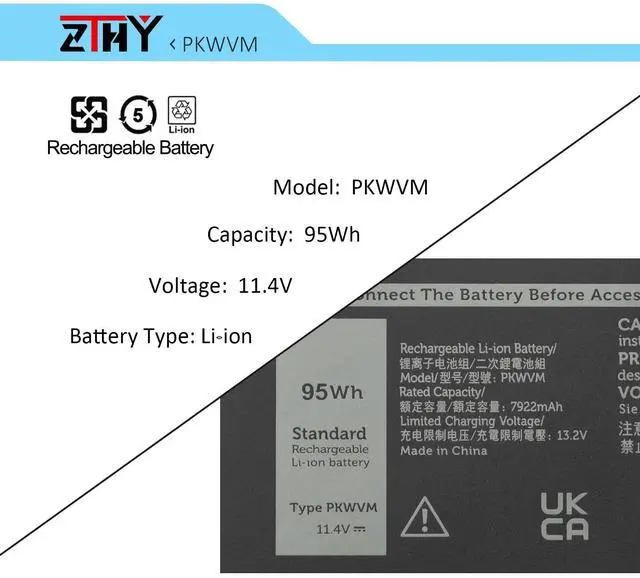 Alt view image 3 of 5 - ZTHY PKWVM Battery 95Wh 6-Cell Replacement for Dell Precision 7550 7560 7750 7760 Mobile Workstation Laptop P44E P93F P44E001 P44E002 P93F001 P93F002 C903V 17C06 0CR72X 0447VR 068N03 453-BBCQ 11.4V