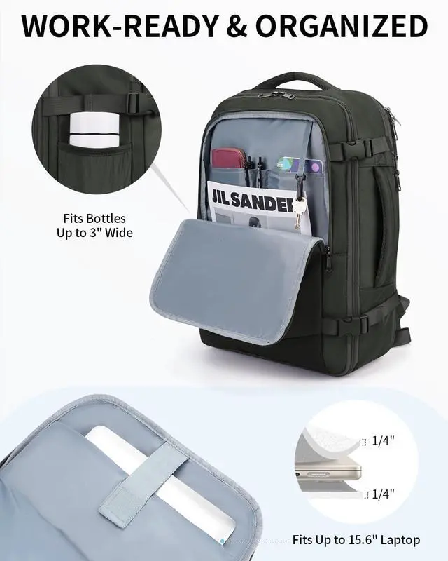 Alt view image 4 of 5 - ECOHUB 30L Carry on Travel Backpack for Men Women 18x14x8, 17 inch Expandable Airlines Personal Item Bag Water Resistant Laptop Backpack Flight Approved with USB Slot & Wet Pocket, Green