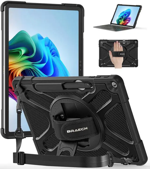 Main image of BRAECNstock Case for Microsoft Surface Pro 12 inch 1st Edition 2025, Rugged Protective with Rotating Hand Strap & Stand, Shoulder Strap, Pencil Holder, Compatible with Type Cover Keyboard, Black