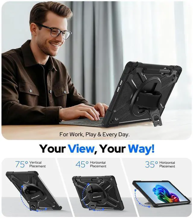 Alt view image 3 of 5 - BRAECNstock Case for Microsoft Surface Pro 12 inch 1st Edition 2025, Rugged Protective with Rotating Hand Strap & Stand, Shoulder Strap, Pencil Holder, Compatible with Type Cover Keyboard, Black