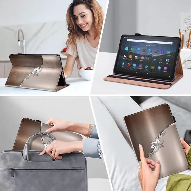 Alt view image 5 of 5 - Case for All-New Kindle Fire 7 Tablet (12th Generation, 2022 Release) - PU Leather Flip Case with Stylus, Elastic Band & Card Slots/Holder, Multi-Angle Viiewing Stand Cover, Silver Flower