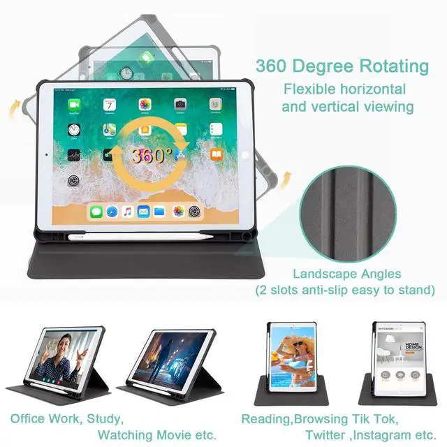 Alt view image 3 of 5 - Lalumix for iPad Air M3/M2 11 Inch Case 2025/2024, for iPad Air 5Th/4Th Generation Cover, for iPad Pro 11 Inch Case 4th/3rd/2nd/1st Generation, 360 Degree Rotating Pencil Holder, Slim, Black Flowers