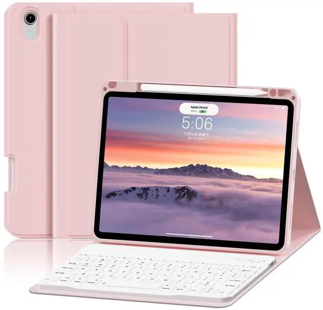 Main image of SQBEBS Case with Keyboard for iPad Air 11 inch M3/M2 (2025/2024), iPad Air 5th/4th Generation 10.9 inch (2022/2020), Detachable Bluetooth Keyboard, Stand Folio Cover with Pencil Holder, Light Pink