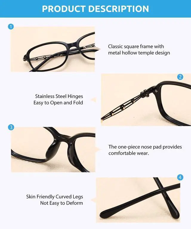 Alt view image 5 of 5 - Firmoo Rectangle Blue Light Glasses for Women, Hollow Accent Lightweight Metal Blue Light Blocking Glasses for Computer, TV, S8823