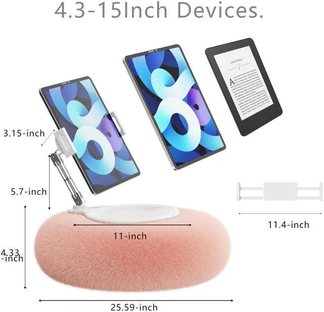Alt view image 2 of 5 - KABCON Pillow Tablet Stand for Kindle,360°Adjustable Aluminum Pole Phone Holder with Soft Plush Fabric for 4.7"-13" Phones/Tablets,iPad Pro Mini Air 12.9,iPhone Pro Max,Samsung Galaxy,LG,Kindle-Pink