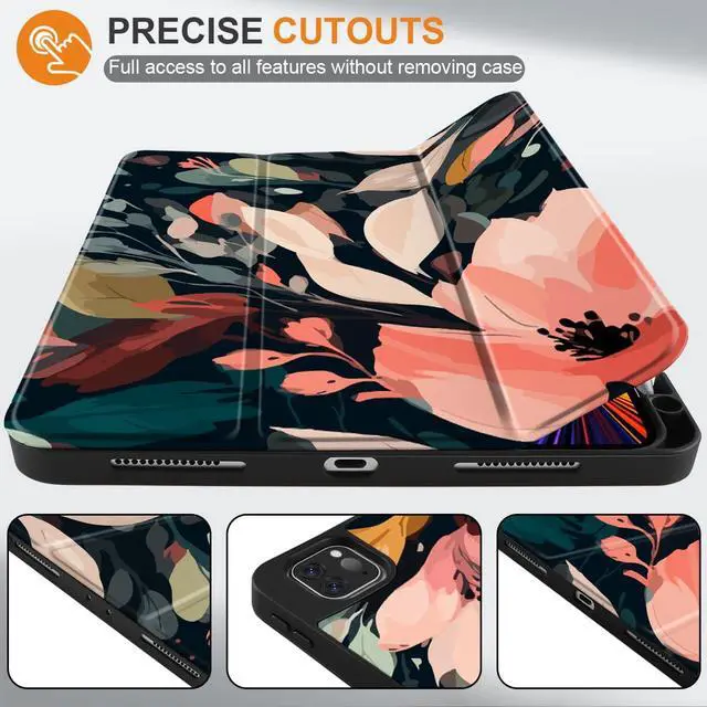 Alt view image 2 of 5 - DONGKE Case for 2022/2021/2020/2018 iPad Pro 11 inch Gen 4/3/2/1 - Slim Protective Case - Built in Pencil Holder Support Charging - Trifold Stand & Sleep/Wake Cover - Painted Florals