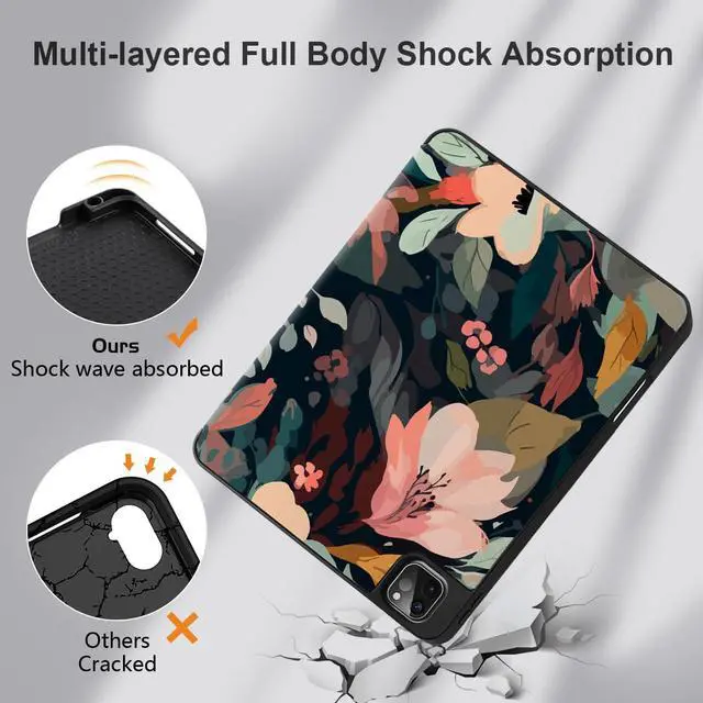 Alt view image 4 of 5 - DONGKE Case for 2022/2021/2020/2018 iPad Pro 11 inch Gen 4/3/2/1 - Slim Protective Case - Built in Pencil Holder Support Charging - Trifold Stand & Sleep/Wake Cover - Painted Florals