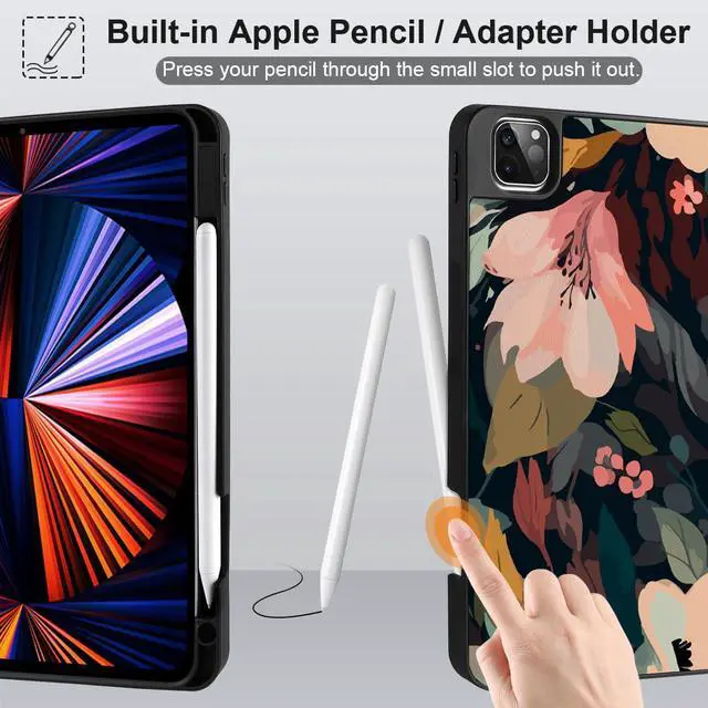 Alt view image 3 of 5 - DONGKE Case for 2022/2021/2020/2018 iPad Pro 11 inch Gen 4/3/2/1 - Slim Protective Case - Built in Pencil Holder Support Charging - Trifold Stand & Sleep/Wake Cover - Painted Florals