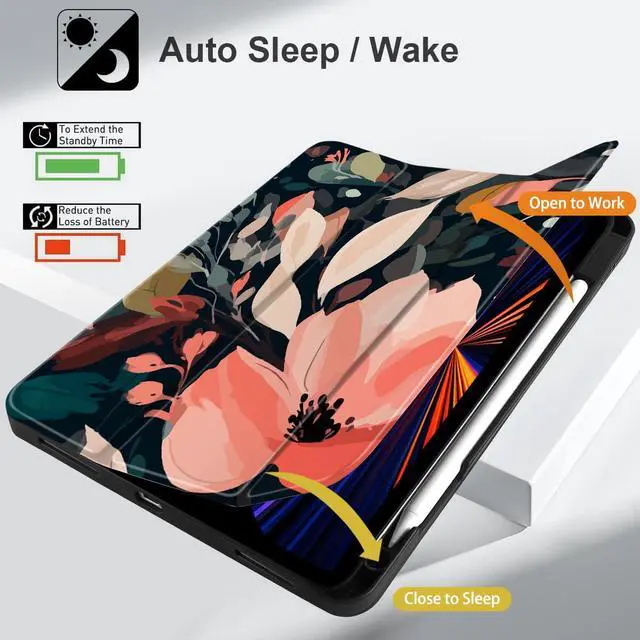 Alt view image 5 of 5 - DONGKE Case for 2022/2021/2020/2018 iPad Pro 11 inch Gen 4/3/2/1 - Slim Protective Case - Built in Pencil Holder Support Charging - Trifold Stand & Sleep/Wake Cover - Painted Florals