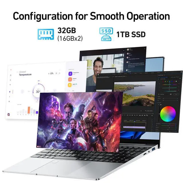 Alt view image 2 of 5 - 2025 Latest 15.6'' Laptop Compatible with Windows 11, 1TB SSD 32GB Dual-Channel RAM, Quad-Core Processor(Max 2.9GHz), 1080p FHD Display, Backlit Keyboard, Fingerprint, Webcam, Mini-HDMI, WiFi5, BT5