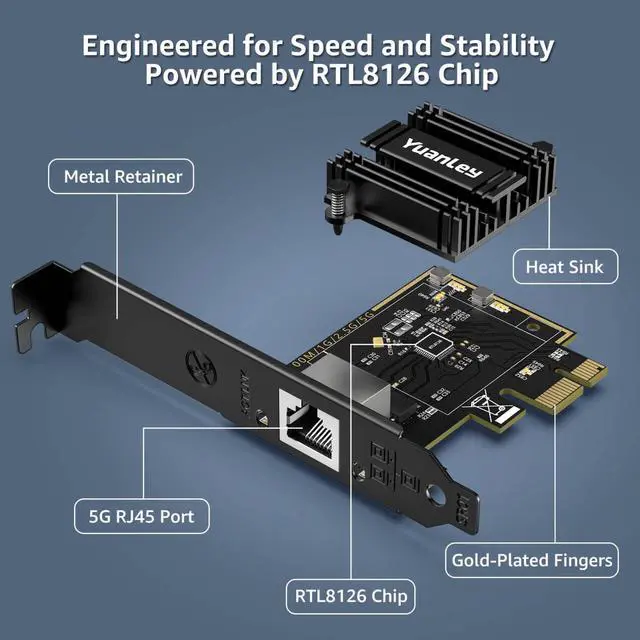 Alt view image 3 of 5 - 5Gb PCIe Network Card, YuanLey 5G Base-T PCI Express Ethernet Adapter with RTL8126, Support WOL, 5G/2.5G/1G/100Mbps NIC Card RJ45 Port for PC Windows/Linux OS