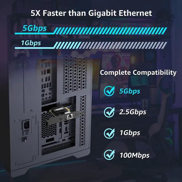 Alt view image 2 of 5 - 5Gb PCIe Network Card, YuanLey 5G Base-T PCI Express Ethernet Adapter with RTL8126, Support WOL, 5G/2.5G/1G/100Mbps NIC Card RJ45 Port for PC Windows/Linux OS