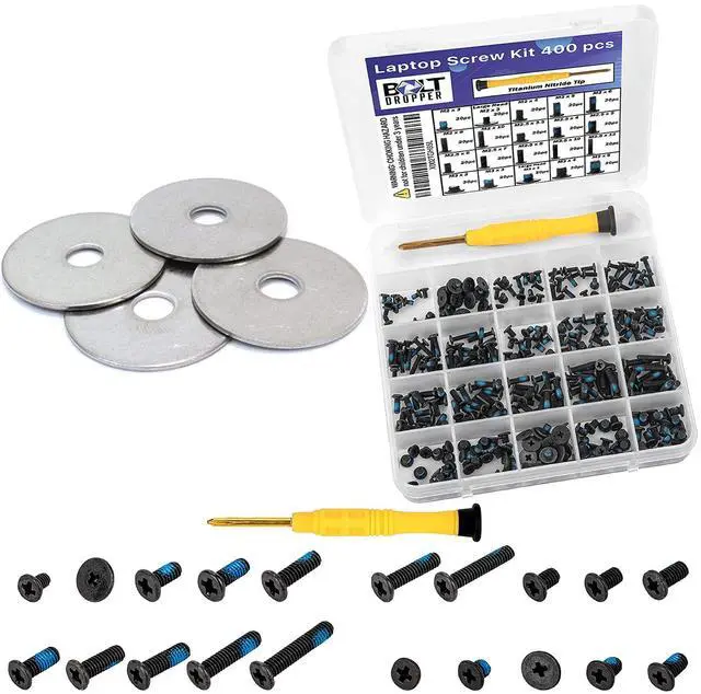 Main image of BOLT DROPPER 400pcs Laptop Screws w/Blue Nylok (20 Sizes) Titanium Nitride Screw Driver, Notebook Computer Screw Kit Set and 1/2" x 2" OD Stainless Fender Washer, (100 Pack) - Choose Size, by Bolt Dro