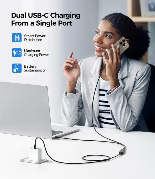 Alt view image 2 of 5 - Cable Matters Braided 2-in-1 USB C to USB C Cable - 6ft, 140W Smart Power Allocation for Laptops and Phones, Supports Charging & Data Transfer, USBC Power Splitter, Works with MacBook, iPad, iPhone