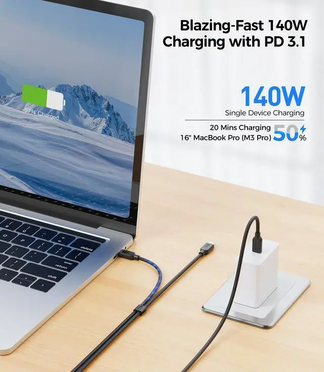 Alt view image 3 of 5 - Cable Matters Braided 2-in-1 USB C to USB C Cable - 6ft, 140W Smart Power Allocation for Laptops and Phones, Supports Charging & Data Transfer, USBC Power Splitter, Works with MacBook, iPad, iPhone
