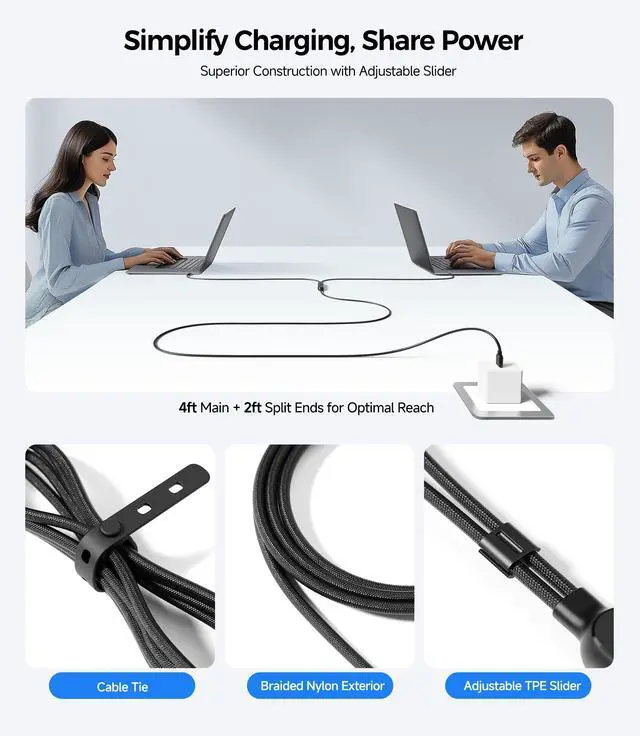 Alt view image 4 of 5 - Cable Matters Braided 2-in-1 USB C to USB C Cable - 6ft, 140W Smart Power Allocation for Laptops and Phones, Supports Charging & Data Transfer, USBC Power Splitter, Works with MacBook, iPad, iPhone