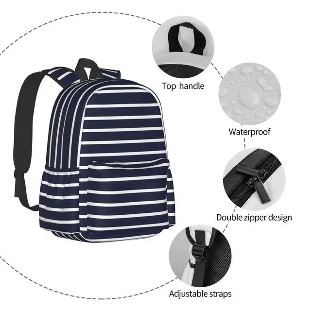 Alt view image 5 of 5 - KOSUES Classic Navy Blue And White Stripes Horizontal Striped Laptop Backpacks Double Shoulder Laptop Pack Bag Casual Back Pack Lightweight Daypack Bags With Side Pockets For Business Travel Hiking