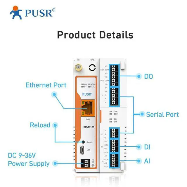 Alt view image 2 of 5 - PUSR USR-M100 Industrial Remote IO Gateway and Extender 8DI Cellular Network LTE Cat4 with Edge Computing Modbus rtu to TCP MQTT