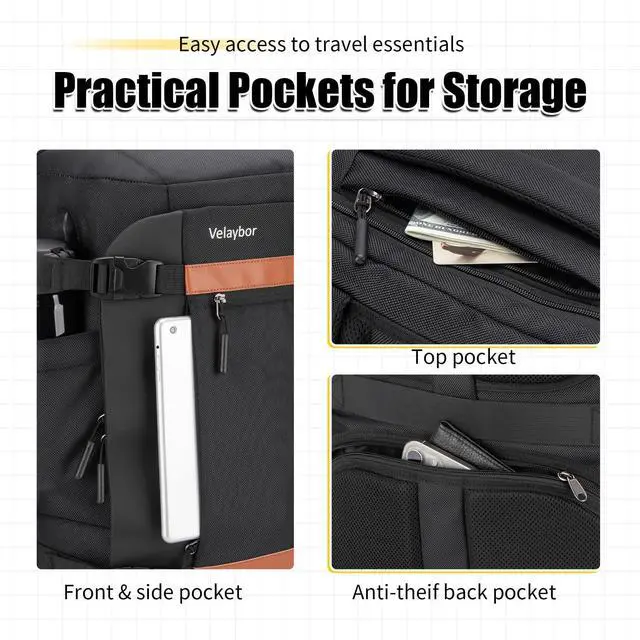 Alt view image 4 of 5 - Velaybor 42L Travel Backpack with 4 Packing Cubes, TSA Friendly Flight Approved Carry-On Bag with USB Charging Port, Water-Resistant Weekender Business Backpack for Men Women, Fits 17.3" Laptop(Black)