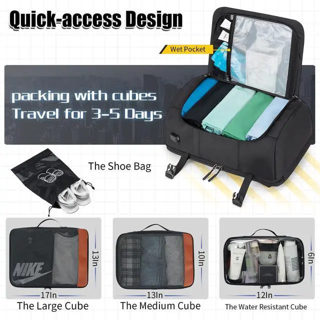 Alt view image 3 of 5 - Velaybor 42L Travel Backpack with 4 Packing Cubes, TSA Friendly Flight Approved Carry-On Bag with USB Charging Port, Water-Resistant Weekender Business Backpack for Men Women, Fits 17.3" Laptop(Black)