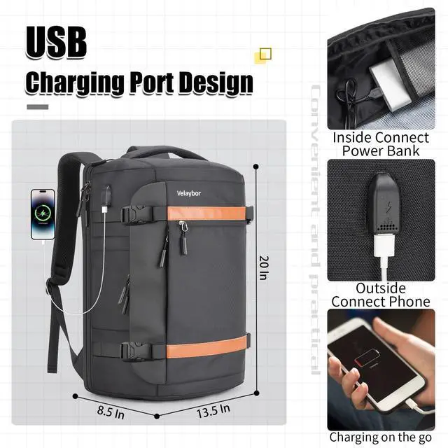 Alt view image 5 of 5 - Velaybor 42L Travel Backpack with 4 Packing Cubes, TSA Friendly Flight Approved Carry-On Bag with USB Charging Port, Water-Resistant Weekender Business Backpack for Men Women, Fits 17.3" Laptop(Black)
