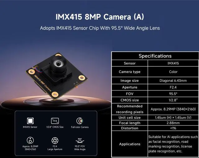Alt view image 2 of 5 - IMX415 8MP Camera Module, Compatible with Raspberry Pi 5 / 4B+ / 3B+ / 3B/ Zero Series/Zero 2W Series Boards, Suitable for AI Applications-Facial Recognition, Road Marking Recognition, etc