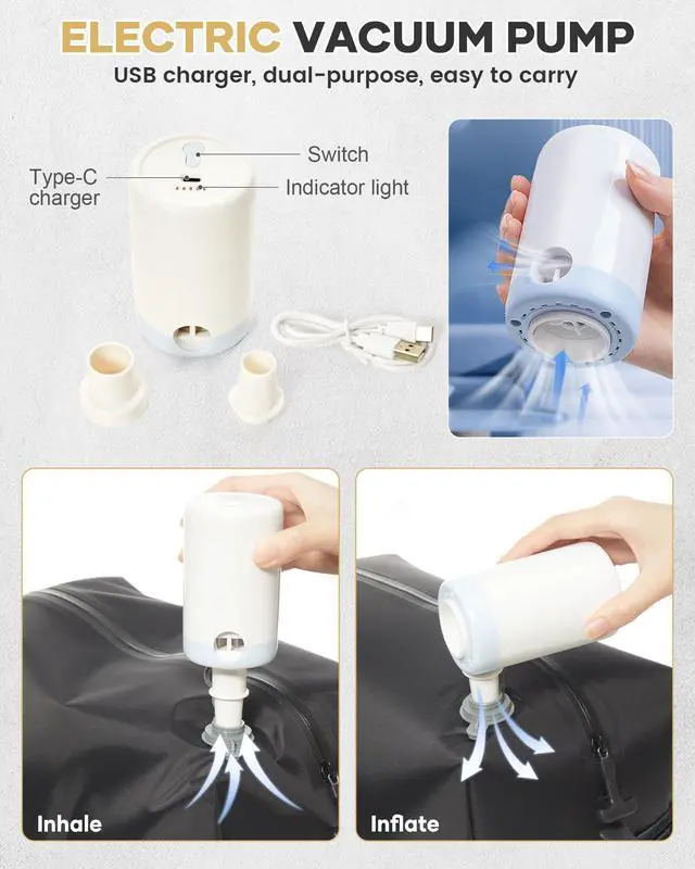 Alt view image 4 of 5 - Vacuum Travel Backpack with Pump for Women,Personal Item Carry on Backpacks Flight Approved 18x14x8 inches for Men,Laptop Waterproof Work Compression bags Casual Daypack. Beige