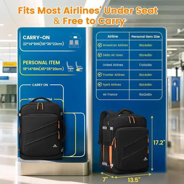 Alt view image 2 of 5 - MATEIN Personal Item Backpack 18x14x8 with Shoe Compartment Detachable, Airline Approved Carry On Backpack for Travel with Electronics Case, Lightweight Luggage Bag for Spirit Airlines Fits 17" Laptop