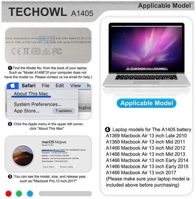 Alt view image 2 of 5 - Techowl A1466 Battery Replacement for MacBook Air 13 inch A1466(Mid 2012, Mid 2013, Early 2014, Early 2015,2017) A1369 (Late 2010, Mid 2011 Version) A1496 A1405 Battery