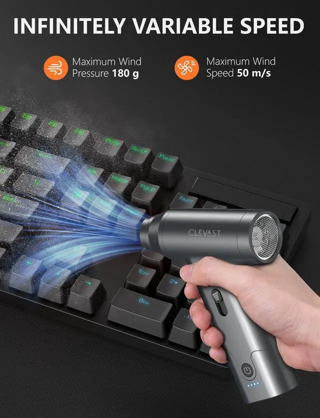 Alt view image 3 of 5 - CLEVAST Compressed Air Duster - Cordless Mini Air Blower with Stepless Speed Control, 130000 RPM Brushless Motor, Rechargeable Electric Duster for PC, Keyboard, Car, Electronics Cleaning Kit