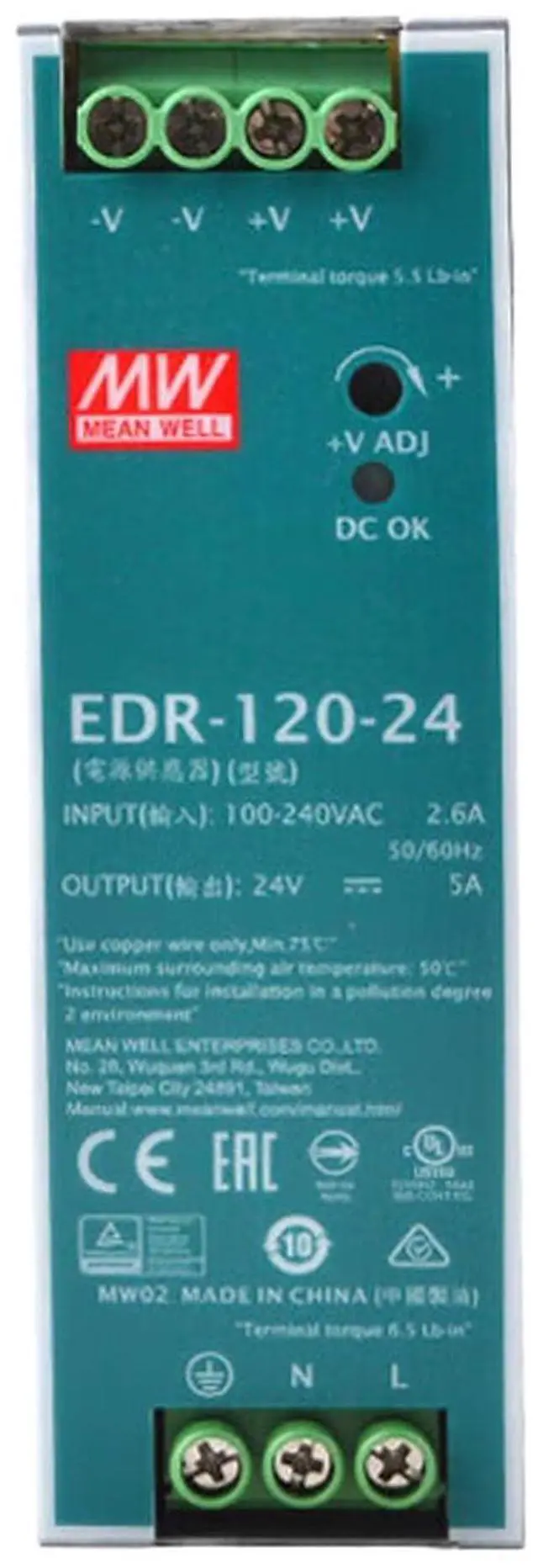 Alt view image 2 of 4 - TorqCali EDR-120-24 Industrial DIN Rail Power Supply 24V 5A High Efficiency for Industrial Automation UL/TUV Certified