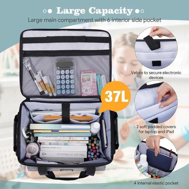 Alt view image 3 of 5 - INSMEER Rolling Teacher Bag with Wheels, Padded Laptop Compartment for up to 15.6 Inches Laptop, Wheeled Teacher Tote Bag with Insulated Lunch Bag Gift for Teaching, Office, Nursing