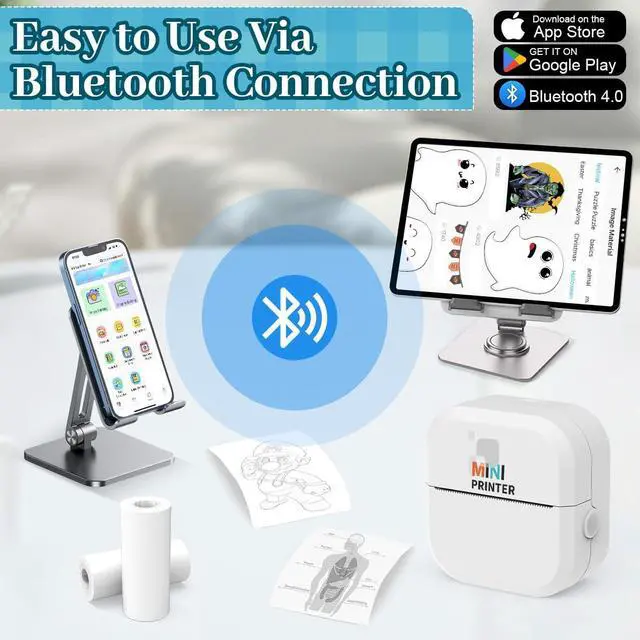 Alt view image 3 of 5 - AdamStar Sticker Printer Print Pod, Mini Portable Printers with 13 Rolls Paper, Inkless Sticker Maker Bluetooth Pocket Printer for DIY,Crafts,Journal,Study,Work,Label Compatible Phone&Tablet