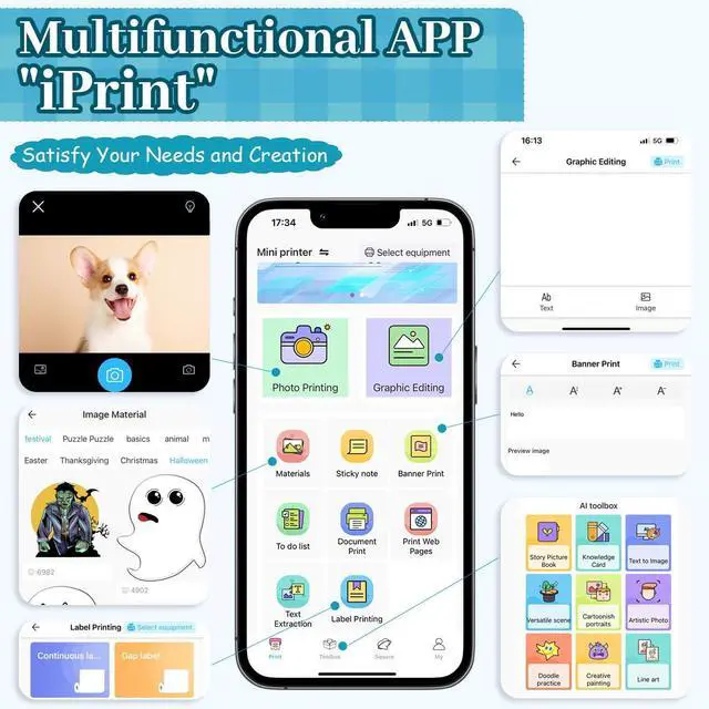 Alt view image 4 of 5 - AdamStar Sticker Printer Print Pod, Mini Portable Printers with 13 Rolls Paper, Inkless Sticker Maker Bluetooth Pocket Printer for DIY,Crafts,Journal,Study,Work,Label Compatible Phone&Tablet