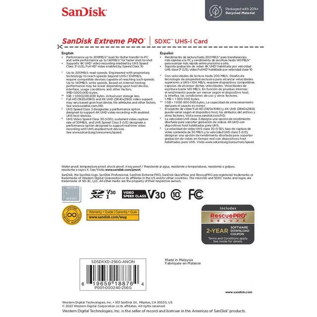 Alt view image 5 of 5 - SanDisk Extreme PRO 256 GB Class 3/UHS-I (U3) V30 SDXC