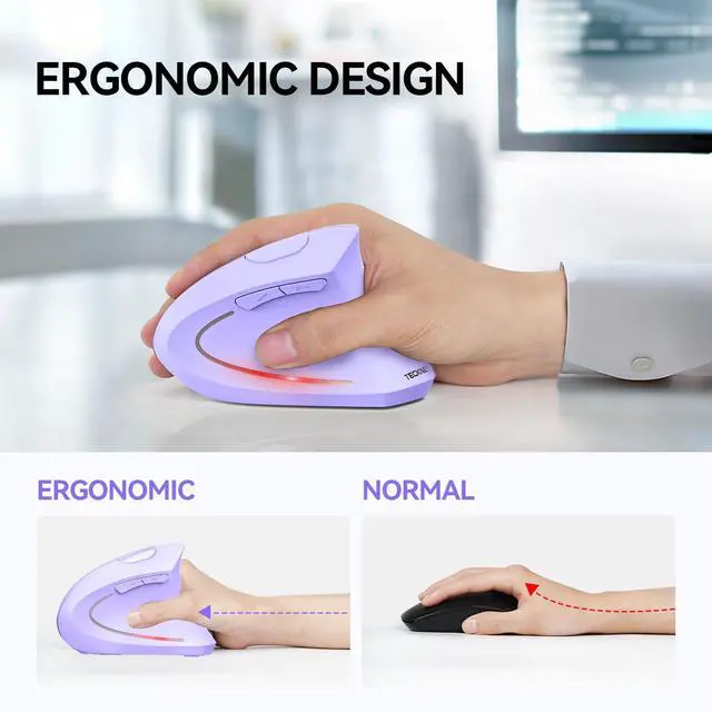 Alt view image 5 of 5 - TECKNET Ergonomic Mouse, Wireless Bluetooth Vertical Mouse, 4800 DPI Optical Tracking, 6 Adjustable DPI, Quiet Clicks, 2.4GHz with USB A Receiver, 12 Months Battery, 6 Buttons, Wide Compatibili
