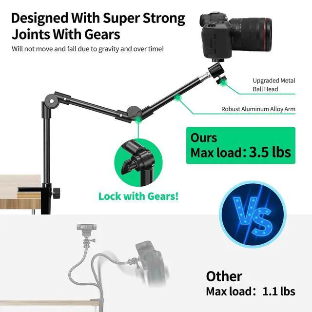 Alt view image 5 of 5 - Webcam Stand Camera Desk Mount with Phone Holder & 5/8" Screw - 22" Flexible Projector Stand Gooseneck Desk Mic Stand for Logitech C922 C930e C920 C615 C960 Brio 4K, GoPro, Blue Yeti Snowball I