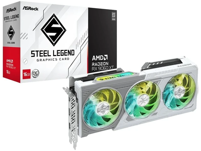 Main image of ASRock Radeon RX 9060 XT Steel Legend 16GB GDDR6 OC Graphics Card ^^ 3275 MHz Boost ^^ Triple Fan ^^ 0dB Cooling ^^ Metal Backplate ^^ PCIe 5.0 ^^ DisplayPort 2.1a, HDMI 2.1b