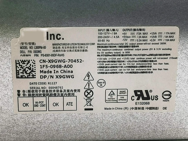 Alt view image 5 of 5 - 300W L300PM-00 X9GWG Power Supply Unit PSU for Dell Vostro 200 220 230 260 420 Inspiron518 519 530 545 Precision T1500 T1600 T1650 Optiplex 3010 7010 9010 MPCF0 0VWX8 5W52M 57KJR N6H3C 6R89K MiniTo
